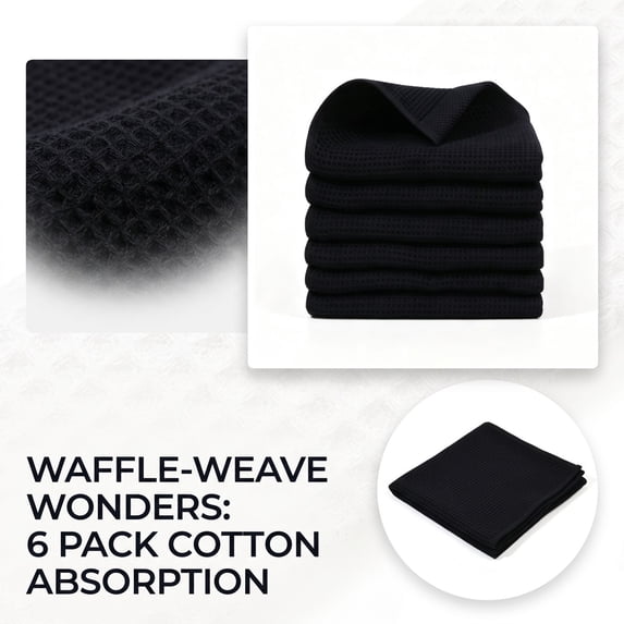 Smiry 100% Cotton Waffle Weave Kitchen Dish Cloths, Ultra Soft Absorbent Quick Drying Dish Towels, 12x12 Inches, 6-Pack,Black