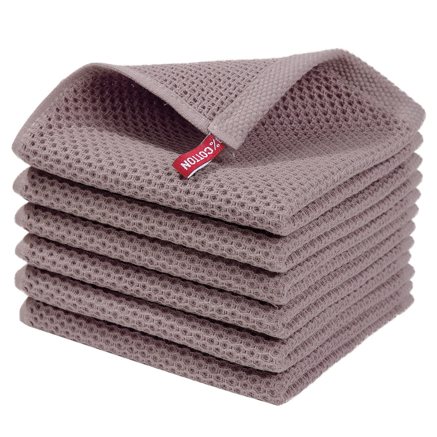 Smiry 100% Cotton Waffle Weave Kitchen Dish Cloths, Ultra Soft Absorbent Quick Drying Dish Towels, 12x12 Inches, 6-Pack, Brown