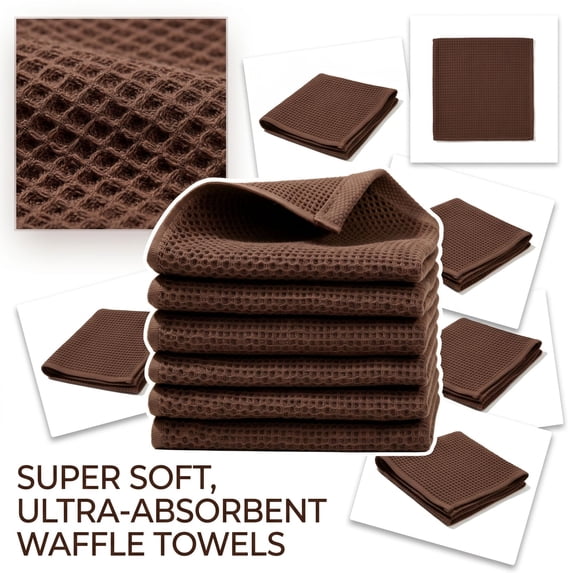 Smiry 100% Cotton Waffle Weave Kitchen Dish Cloths, Ultra Soft Absorbent Quick Drying Dish Towels, 12x12 Inches, 6-Pack,Coffee