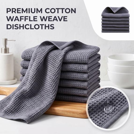 Smiry 100% Cotton Waffle Weave Kitchen Dish Cloths, Ultra Soft Absorbent Quick Drying Dish Towels, 12x12 Inches, 6-Pack,Dark Gray