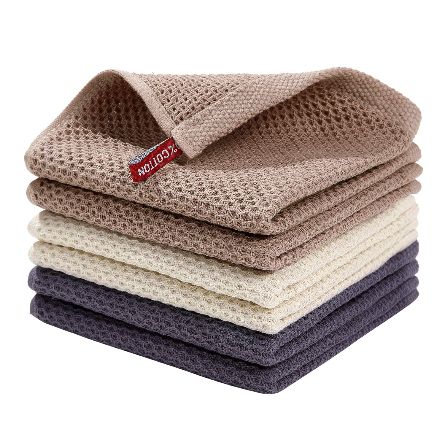 Mixed Color 100% Cotton Waffle Weave Dish Cloths Set, 12x12 Inches, 6-Pack