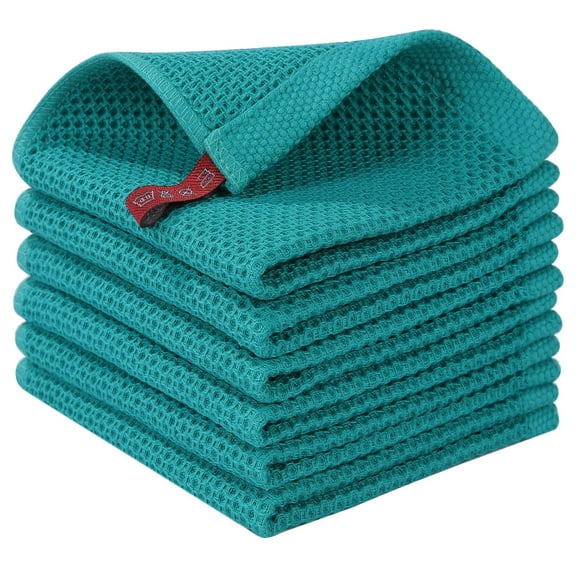 Smiry 100% Cotton Waffle Weave Kitchen Dish Cloths, Ultra Soft Absorbent Quick Drying Dish Towels, 12x12 Inches, 6-Pack, Teal