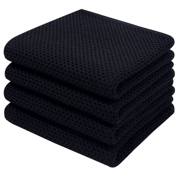 Smiry 100% Cotton Waffle Weave Kitchen Dish Towels, Ultra Soft Absorbent Quick Drying Cleaning Towel, 13x28 Inches, 4-Pack, Black