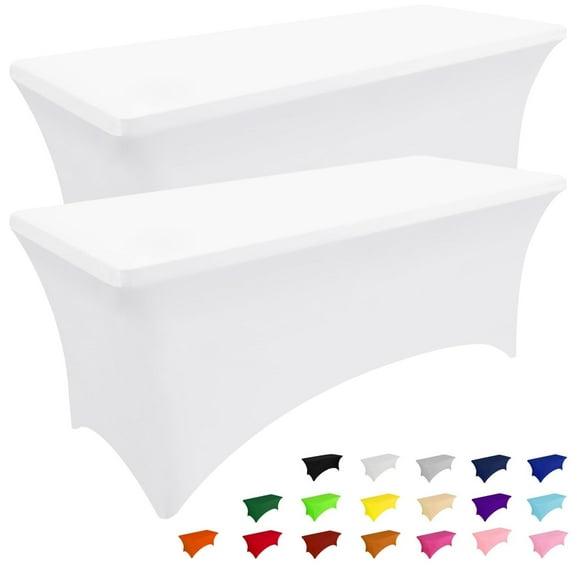 Smiry 2 Pack 8FT Stretch Spandex Tablecloths, Waterproof and Elastic Fitted Table Cloth, Washable Table Cover for Rectangle Tables, White