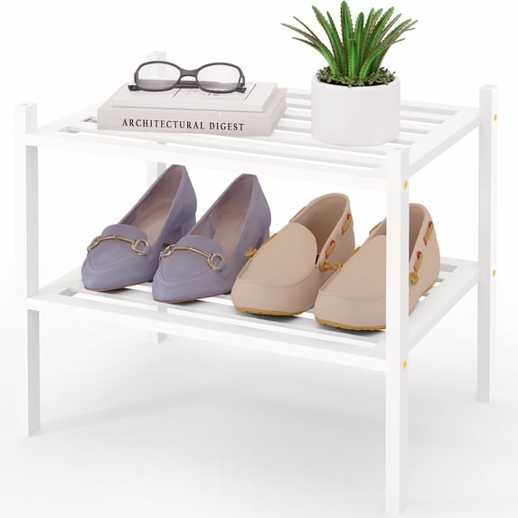 Smiry 2-Tier Shoe Rack , Stackable Bamboo Shoe Rack Organizer, Shoe Storage for Closet, Entryway, Bedroom and Wall, White