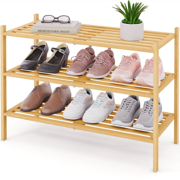 Smiry 3-Tier Shoe Rack , Stackable Bamboo Shoe Rack Organizer, Shoe Storage for Closet, Entryway, Bedroom and Wall, Natural