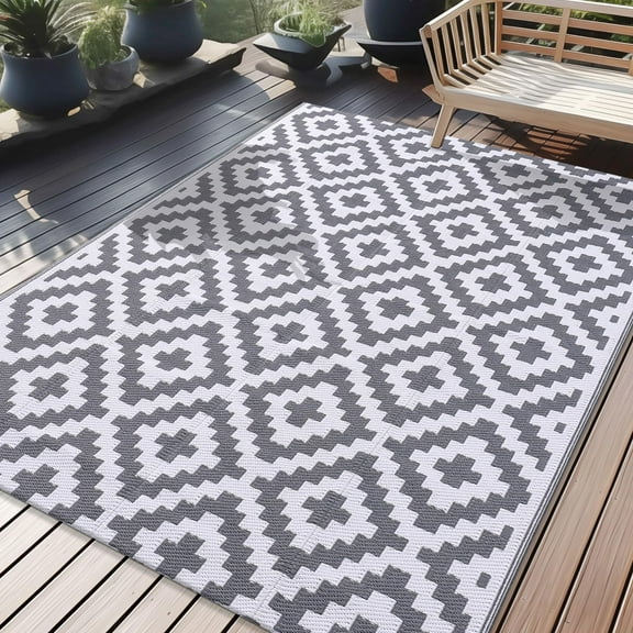 Smiry Outdoor Rugs 9'x12' for Patios, Waterproof Plastic Straw Rugs, Reversible Mats for RV, Deck, Porch, Picnic, Grey and white