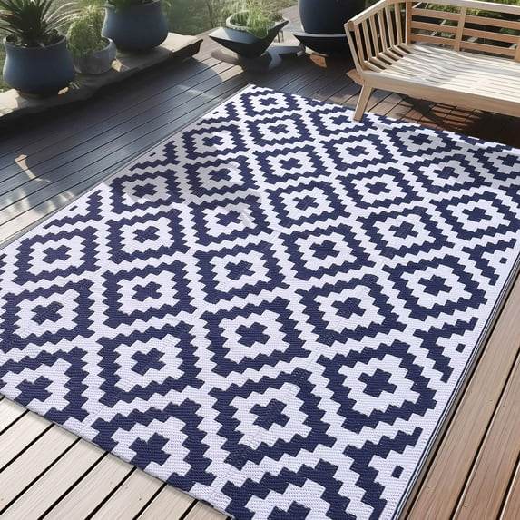 Smiry Outdoor Rugs 9'x12' for Patios, Waterproof Plastic Straw Rugs, Reversible Mats for RV, Deck, Porch, Picnic, Navy Blue and White