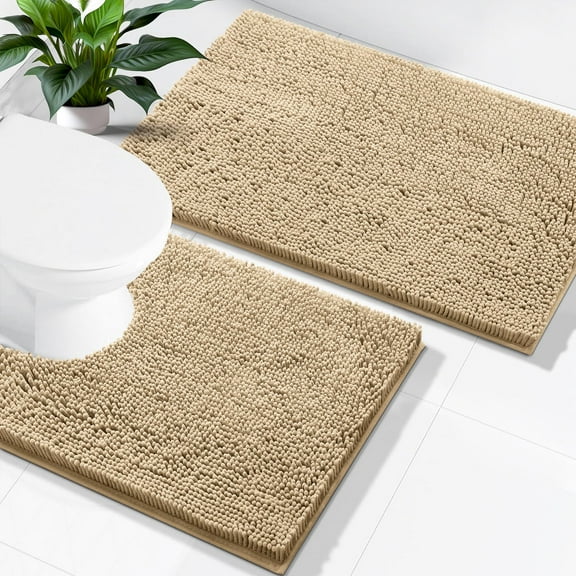 Smiry Bathroom Rugs 2 Piece Set, Soft Absorbent Chenille Bath Mat and U-Shaped Toilet Contour Rug, Non Slip Shaggy Bath Rug Set (24x16+24x20, Beige)