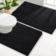Smiry Bathroom Rugs 2 Piece Set, Soft Absorbent Chenille Bath Mat and U-Shaped Toilet Contour Rug, Non Slip Shaggy Bath Rug Set (24x16+24x20, Black)