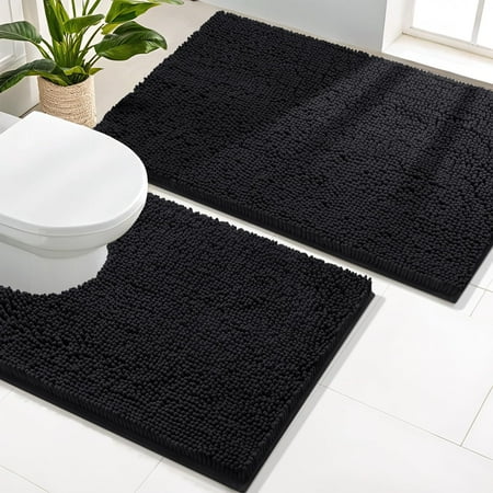 Smiry Bathroom Rugs 2 Piece Set, Soft Absorbent Chenille Bath Mat and U-Shaped Toilet Contour Rug, Non Slip Shaggy Bath Rug Set (24x16+24x20, Black)