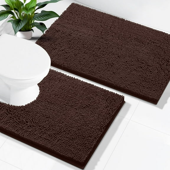 Smiry Bathroom Rugs 2 Piece Set, Soft Absorbent Chenille Bath Mat and U-Shaped Toilet Contour Rug, Non Slip Shaggy Bath Rug Set (24x16+24x20, Brown)