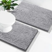 Smiry Bathroom Rugs 2 Piece Set, Soft Absorbent Chenille Bath Mat and U-Shaped Toilet Contour Rug, Non Slip Shaggy Bath Rug Set (24x16+24x20, Grey)