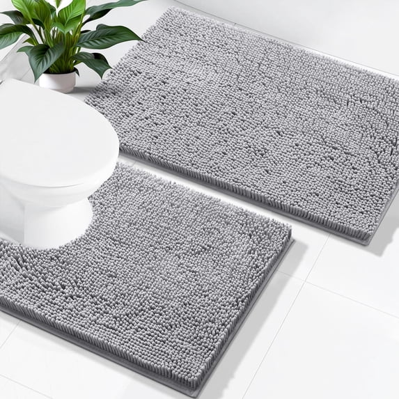 Smiry Bathroom Rugs 2 Piece Set, Soft Absorbent Chenille Bath Mat and U-Shaped Toilet Contour Rug, Non Slip Shaggy Bath Rug Set (24x16+24x20, Light Grey)