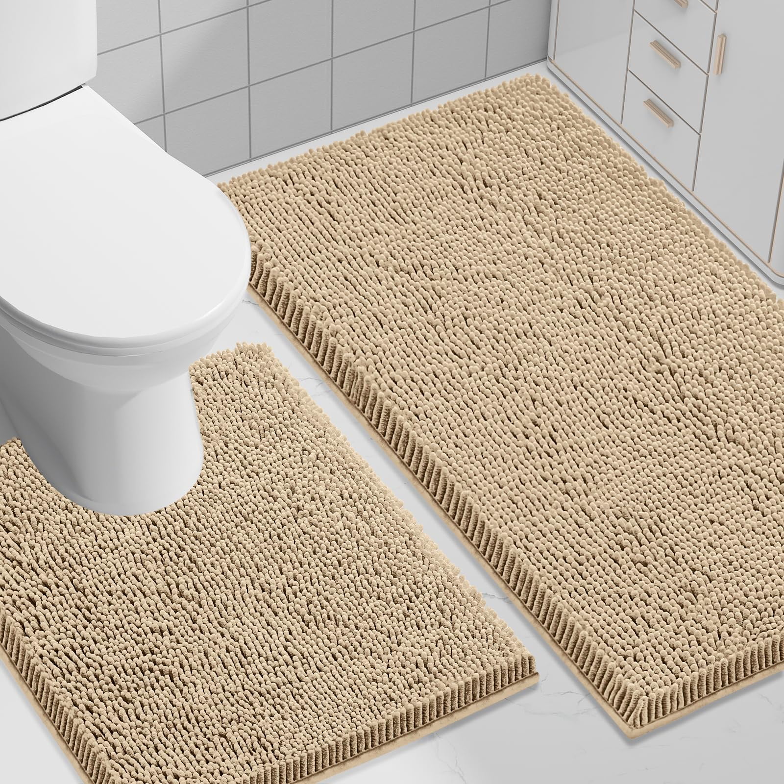 Smiry Bathroom Rugs 2 Piece Set, Soft Absorbent Chenille Bath Mat and U-Shaped Toilet Contour Rug, Non Slip Shaggy Bath Rug Set (30x20+24x20, Beige)