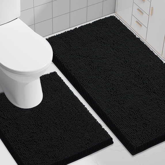 Smiry Bathroom Rugs 2 Piece Set, Soft Absorbent Chenille Bath Mat and U-Shaped Toilet Contour Rug, Non Slip Shaggy Bath Rug Set (30x20+24x20, Black)