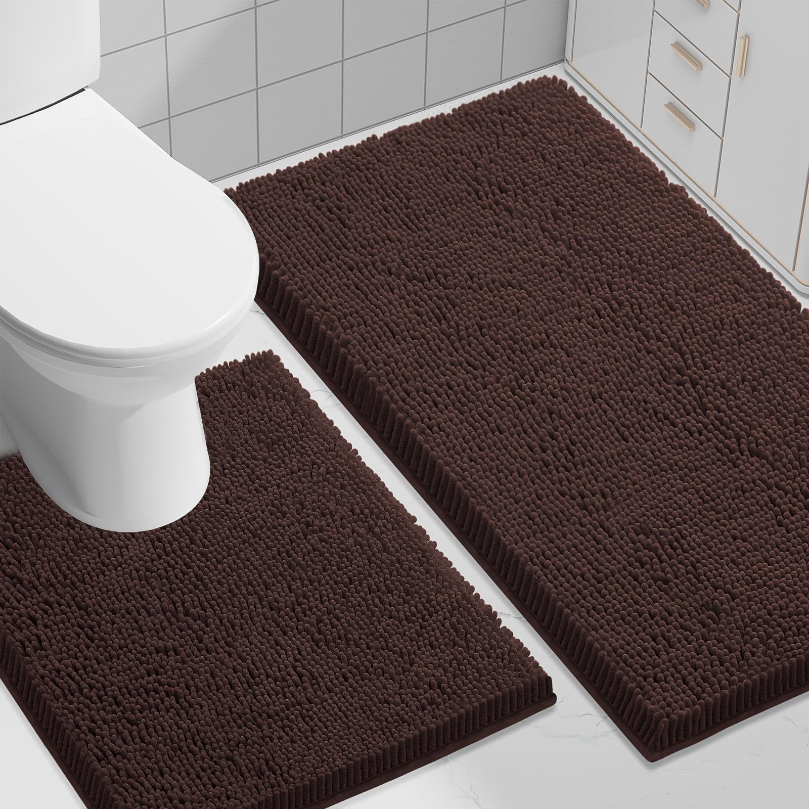 Smiry Bathroom Rugs 2 Piece Set, Soft Absorbent Chenille Bath Mat and U-Shaped Toilet Contour Rug, Non Slip Shaggy Bath Rug Set (30x20+24x20, Brown)