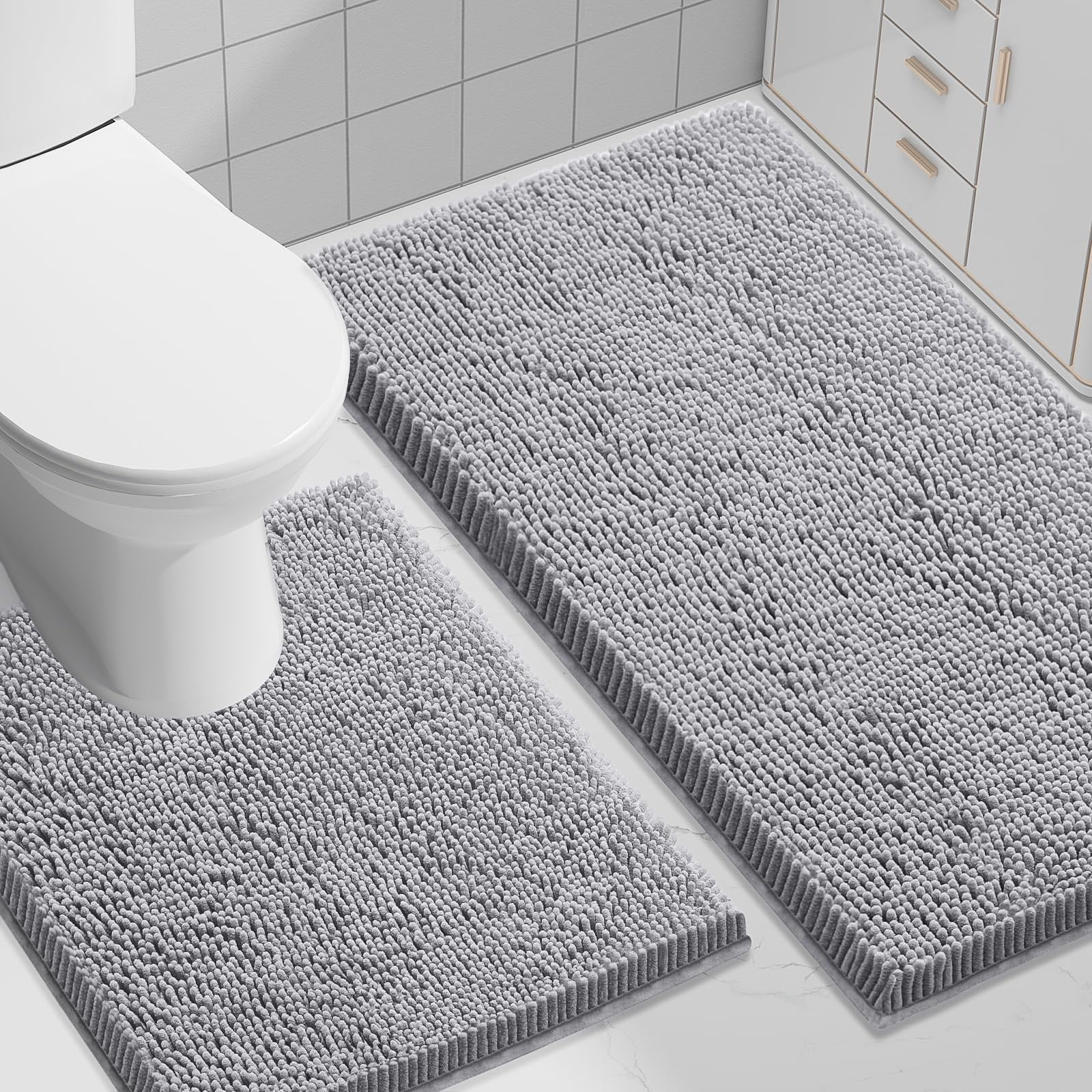 Smiry Bathroom Rugs 2 Piece Set, Soft Absorbent Chenille Bath Mat and U-Shaped Toilet Contour Rug, Non Slip Shaggy Bath Rug Set (30x20+24x20, Light Grey)
