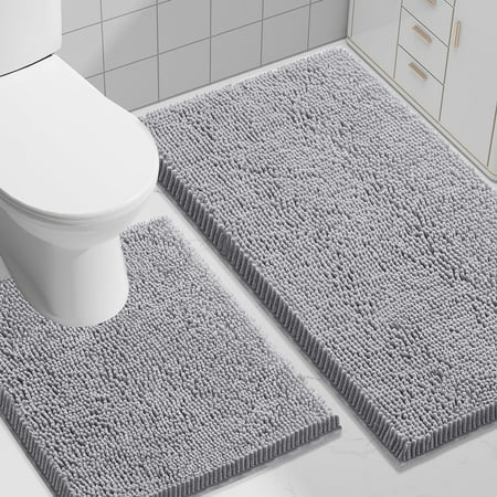 Smiry Bathroom Rugs 2 Piece Set, Soft Absorbent Chenille Bath Mat and U-Shaped Toilet Contour Rug, Non Slip Shaggy Bath Rug Set (30x20+24x20, Grey)