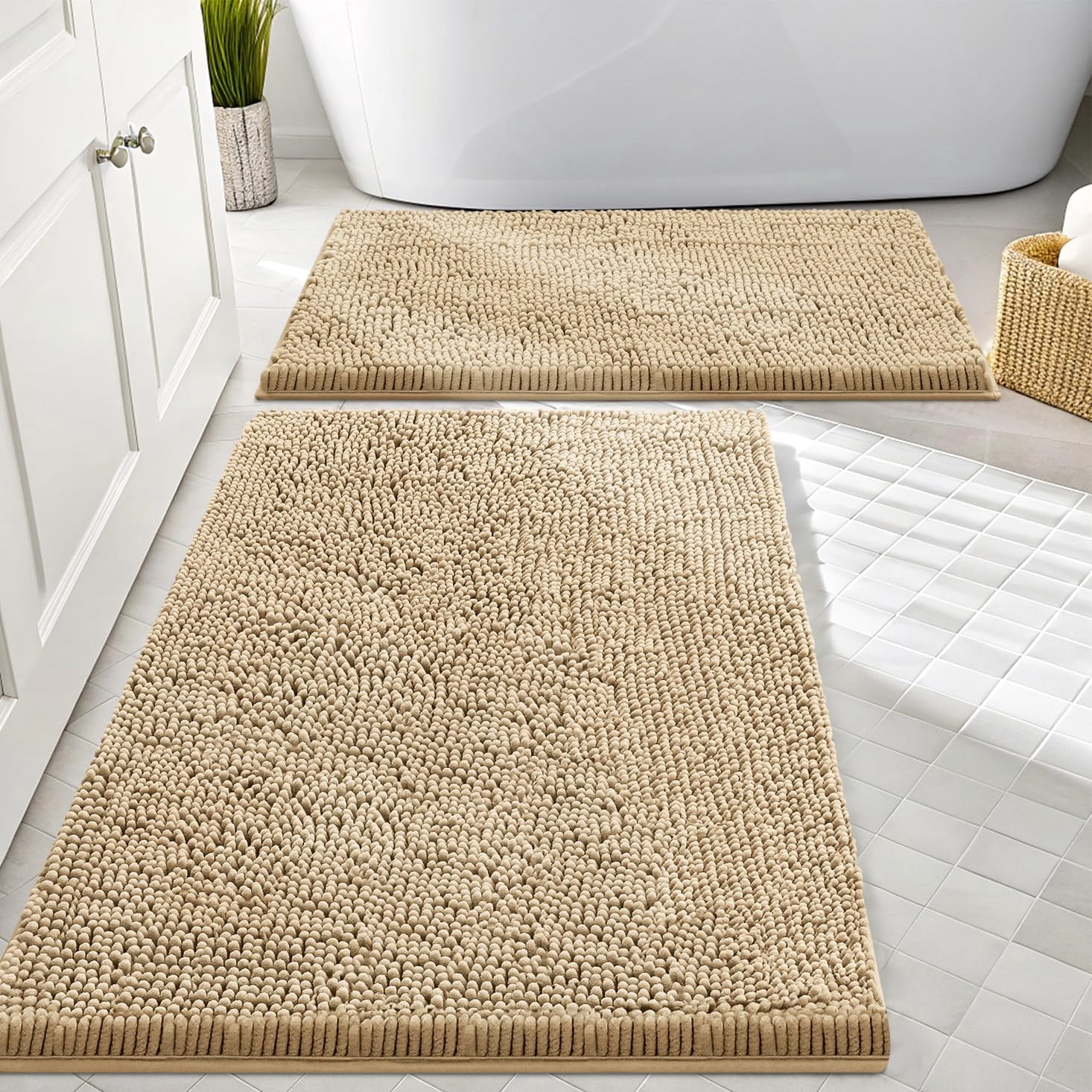 Smiry Bathroom Rugs Sets 2 Piece, Soft Absorbent Chenille Bath Rug Set, Non Slip Machine Washable Shaggy Bath Mats for Tub, Shower, and Floor (30x20+24x16, Beige)