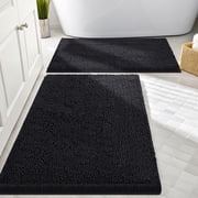 Smiry Bathroom Rugs Sets 2 Piece, Soft Absorbent Chenille Bath Rug Set, Non Slip Machine Washable Shaggy Bath Mats for Tub, Shower, and Floor (30x20+24x16, Blac