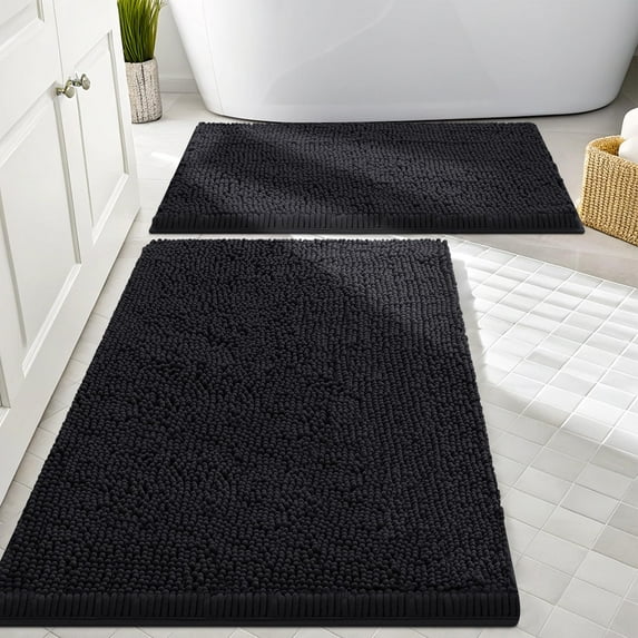 Smiry Bathroom Rugs Sets 2 Piece, Soft Absorbent Chenille Bath Rug Set, Non Slip Machine Washable Shaggy Bath Mats for Tub, Shower, and Floor (30x20+24x16, Black)