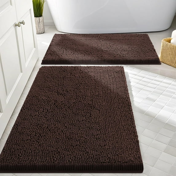 Smiry Bathroom Rugs Sets 2 Piece, Soft Absorbent Chenille Bath Rug Set, Non Slip Machine Washable Shaggy Bath Mats for Tub, Shower, and Floor (30x20+24x16, Brown)