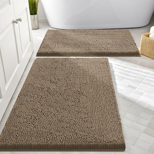 Smiry Bathroom Rugs Sets 2 Piece, Soft Absorbent Chenille Bath Rug Set, Non Slip Machine Washable Shaggy Bath Mats for Tub, Shower, and Floor (30x20+24x16, Camel)
