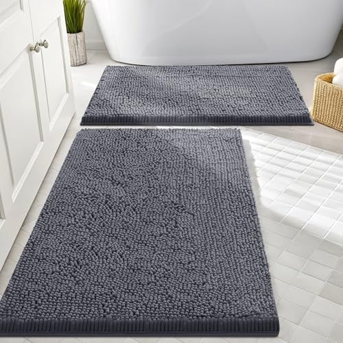 Smiry Bathroom Rugs Sets 2 Piece, Soft Absorbent Chenille Bath Rug Set, Non Slip Machine Washable Shaggy Bath Mats for Tub, Shower, and Floor (30x20+24x16, Dark Grey)