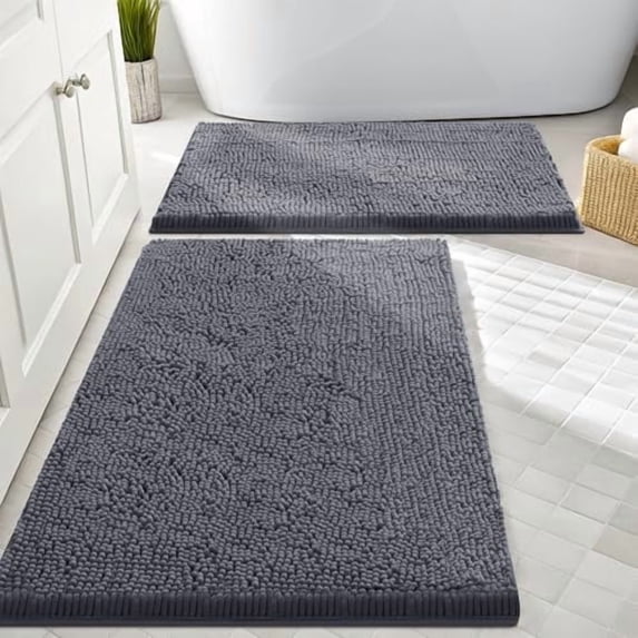 Smiry Bathroom Rugs Sets 2 Piece, Soft Absorbent Chenille Bath Rug Set, Non Slip Machine Washable Shaggy Bath Mats for Tub, Shower, and Floor (30x20+24x16, Dark Grey)