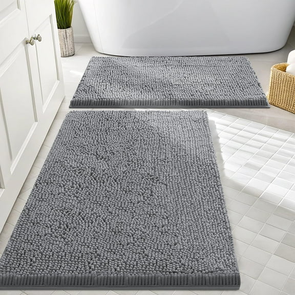 Smiry Bathroom Rugs Sets 2 Piece, Soft Absorbent Chenille Bath Rug Set, Non Slip Machine Washable Shaggy Bath Mats for Tub, Shower, and Floor (30x20+24x16, Grey)
