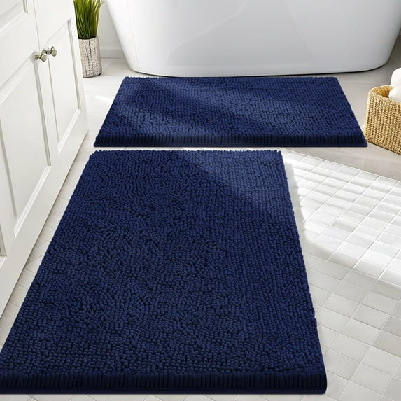 Smiry Bathroom Rugs Sets 2 Piece, Soft Absorbent Chenille Bath Rug Set, Non Slip Machine Washable Shaggy Bath Mats for Tub, Shower, and Floor (30x20+24x16, Navy blue)