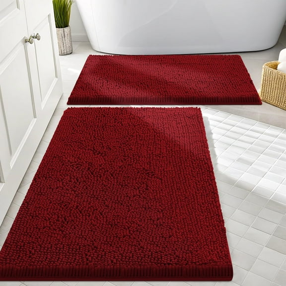 Smiry Bathroom Rugs Sets 2 Piece, Soft Absorbent Chenille Bath Rug Set, Non Slip Machine Washable Shaggy Bath Mats for Tub, Shower, and Floor (30x20+24x16, Wine Red)