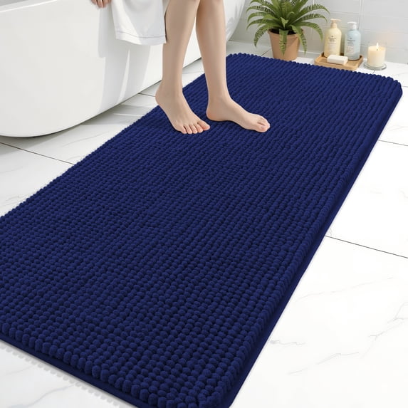Smiry Chenille Bathroom rugs 59x24, Rubber Backing Washable Bath Mats for Bathroom Floor, Navy Blue