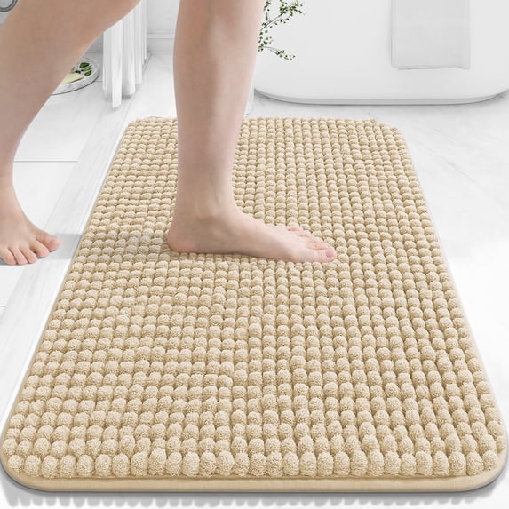 Smiry Chenille Bathroom Rugs 24x16, Rubber Backing Washable Bath Mats for Bathroom Floor, Beige