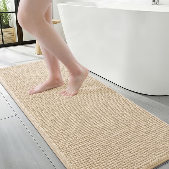 Smiry Chenille Bathroom Rugs 47x17, Rubber Backing Washable Bath Mats for Bathroom Floor, Beige