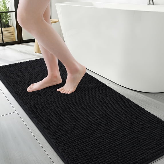 Smiry Chenille Bathroom Rugs 47x17, Rubber Backing Washable Bath Mats for Bathroom Floor, Black