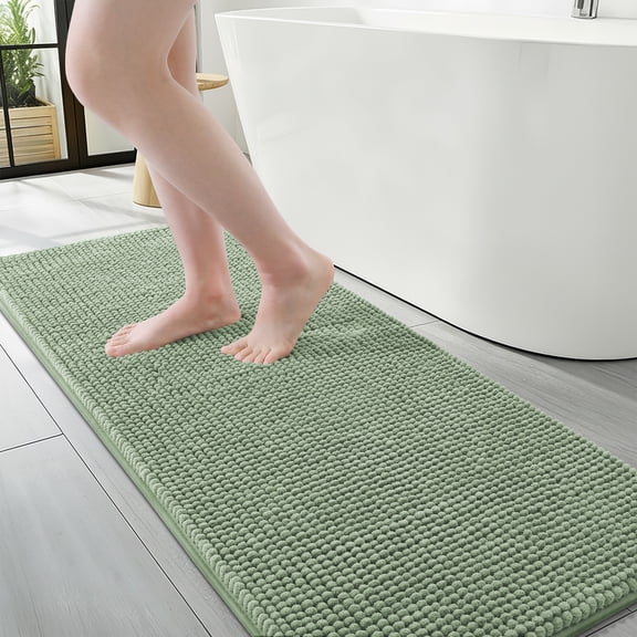 Smiry Chenille Bathroom Rugs 47x17, Rubber Backing Washable Bath Mats for Bathroom Floor, Sage Green