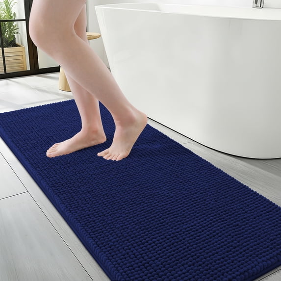 Smiry Chenille Bathroom Rugs 47x17, Rubber Backing Washable Bath Mats for Bathroom Floor, Navy Blue