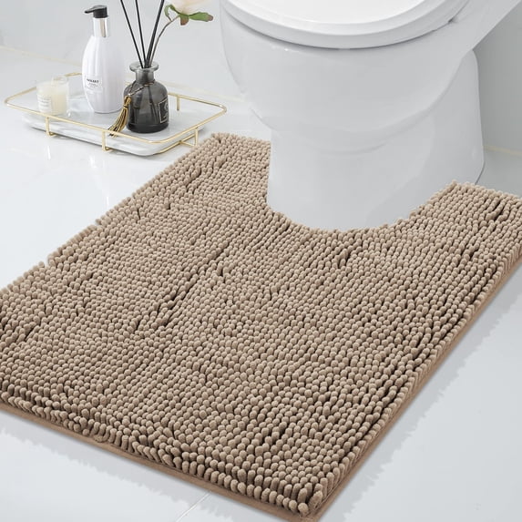 Smiry Chenille U-Shaped Toilet Bathroom Rugs, Soft Absorbent Non-Slip Contoured Carpet, Machine Washable Bathroom Mats, 20"X24", Beige