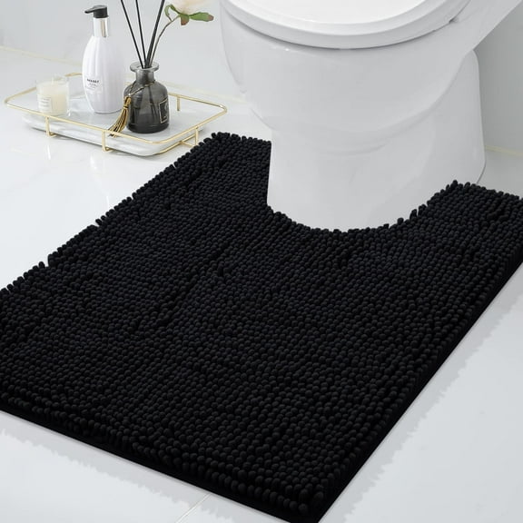 Smiry Chenille U-Shaped Toilet Bathroom Rugs, Soft Absorbent Non-Slip Contoured Carpet, Machine Washable Bathroom Mats, 20"X24", Black