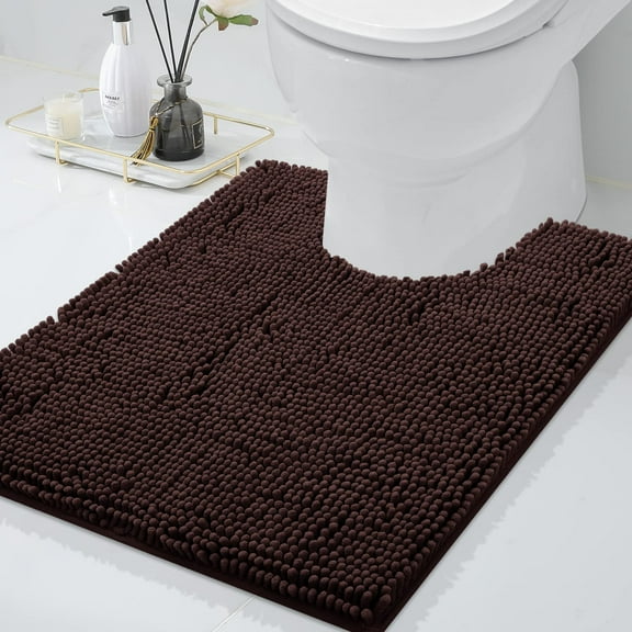 Smiry Chenille U-Shaped Toilet Bathroom Rugs, Soft Absorbent Non-Slip Contoured Carpet, Machine Washable Bathroom Mats, 20"X24", Brown