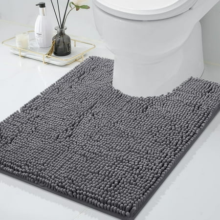 Smiry Chenille U-Shaped Toilet Bathroom Rugs, Soft Absorbent Non-Slip Contoured Carpet, Machine Washable Bathroom Mats, 20"X24", Light Gray