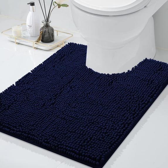 Smiry Chenille U-Shaped Toilet Bathroom Rugs, Soft Absorbent Non-Slip Contoured Carpet, Machine Washable Bathroom Mats, 20"X24", Navy Blue