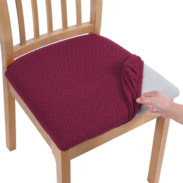 Smiry Dining Chair Seat Covers Stretch Jacquard Chair Slipcover with Ties Set of 4 Wine Red
