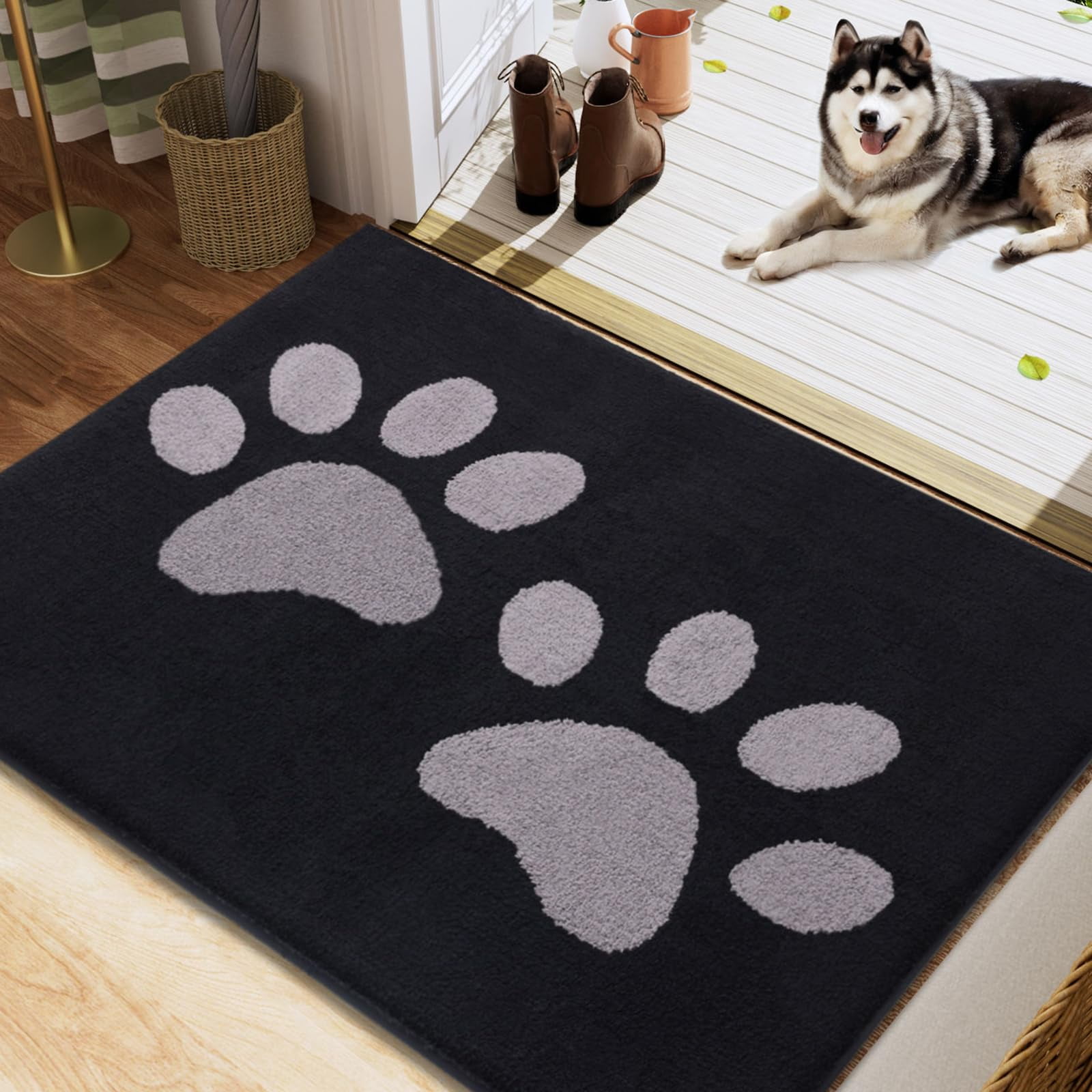 Smiry Dog Door Mats for Muddy Shoes and Paws, Non Slip Low-Profile Washable Indoor Doormats, Absorbent Dirt Trapper Entryway Rugs, 48"x30", Black and Grey