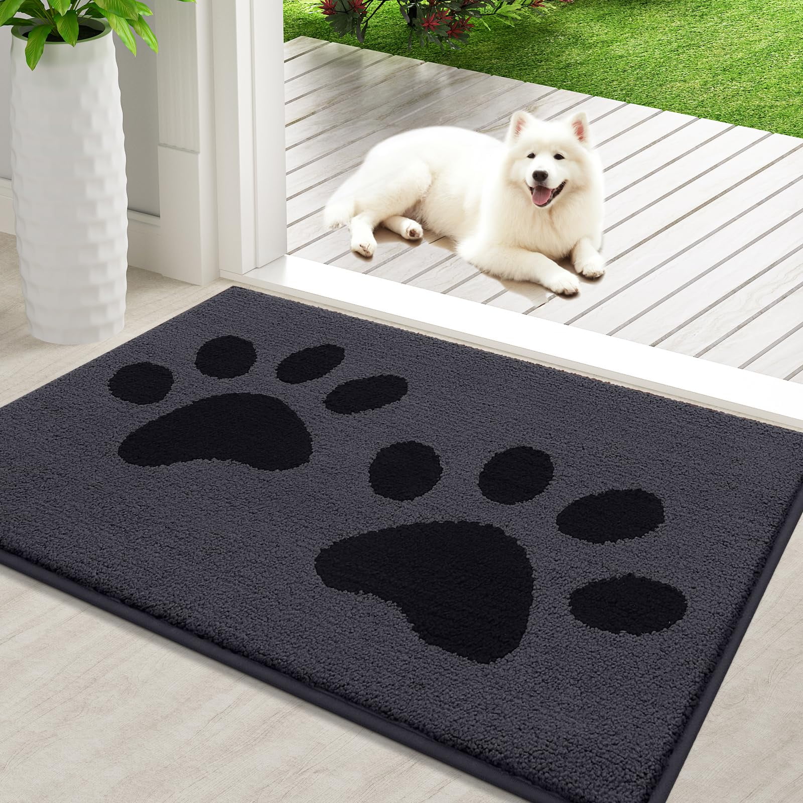 Smiry Dog Door Mats for Muddy Shoes and Paws, Non Slip Low-Profile Washable Indoor Doormats, Absorbent Dirt Trapper Entryway Rugs, 36"x24", Black