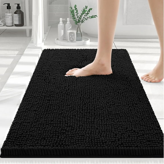 Smiry Luxury Chenille Bathroom Rugs, Extra Soft and Absorbent Bath Mat, Black, 16"x24"