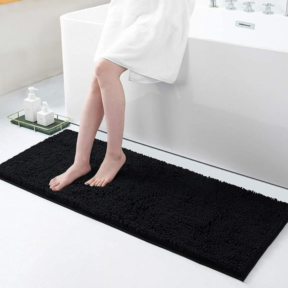 Smiry Luxury Chenille Bathroom Rugs, Extra Soft and Absorbent Bath Mat, Black, 17"x47"