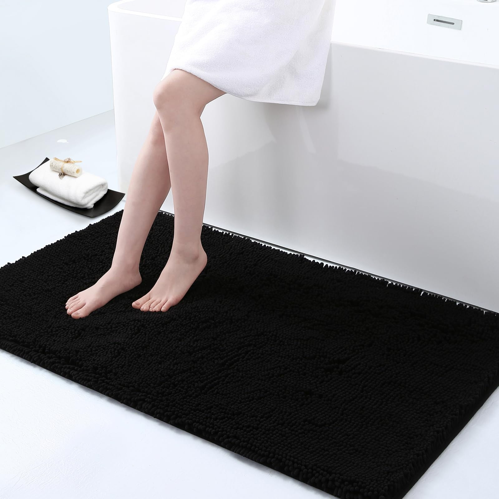 Smiry Luxury Chenille Bathroom Rugs, Extra Soft and Absorbent Bath Mat, Black, 24"x47"